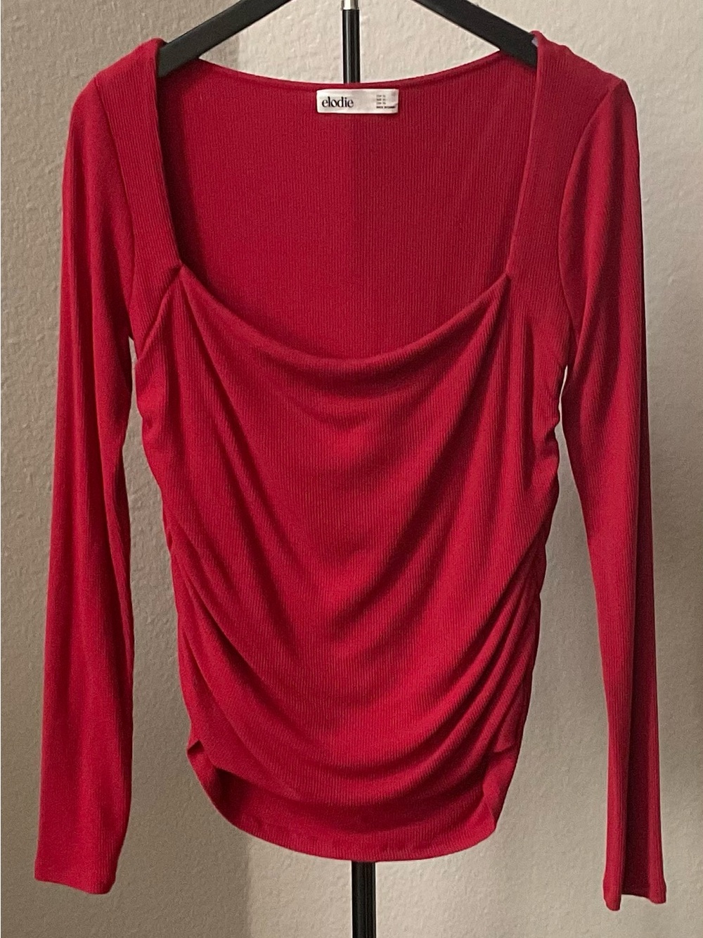 Elodie Red Long-Sleeve Draped Ribbed Top